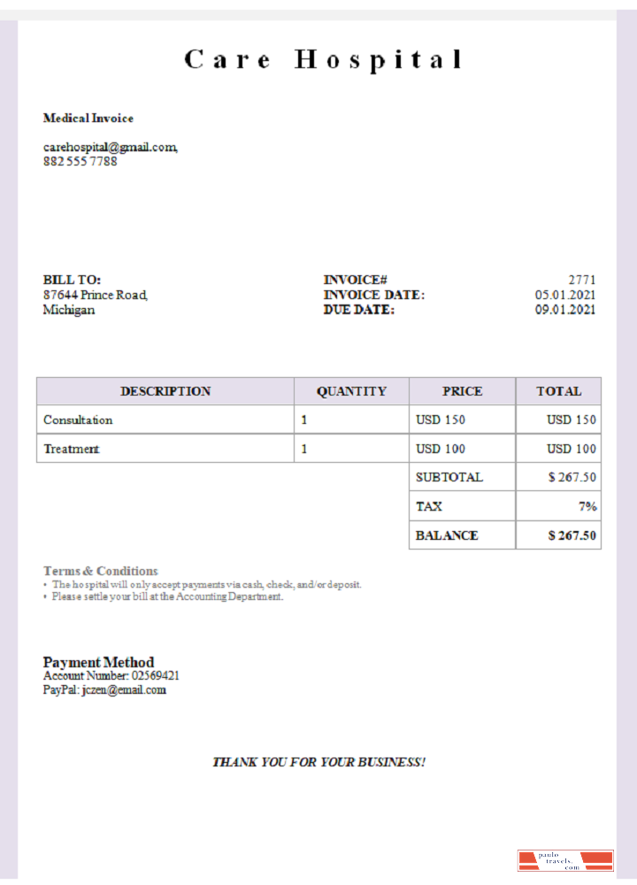 USA Care Hospital invoice PSD template